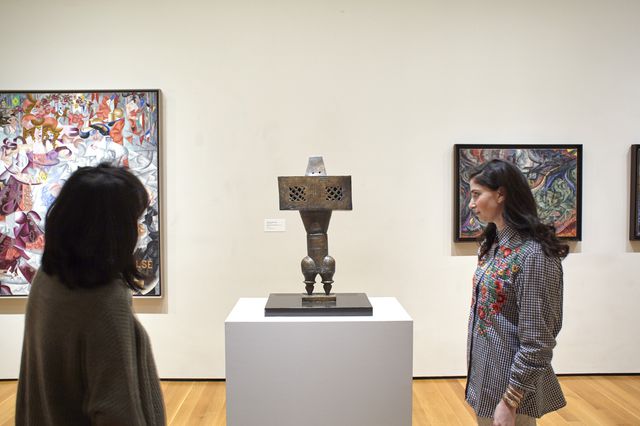 Installation view of the collection galleries at The Museum of Modern Art, New York. At center, Parviz Tanavoli's "The Prophet, 1964"<br>